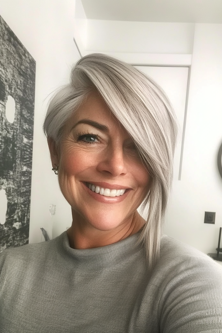 8. Seitnützige asymmetrische Ernte in Salz-und-Prepper-Mischung (asymmetrische Haarschnitte für ältere Frauen)-asymmetrische Haarschnitte für ältere Frauen