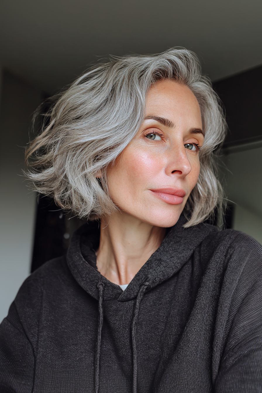 8. Silber Asche strukturierte Bob (wellige Frisuren für ältere Frauen) - Wellenfrisuren für ältere Frauen