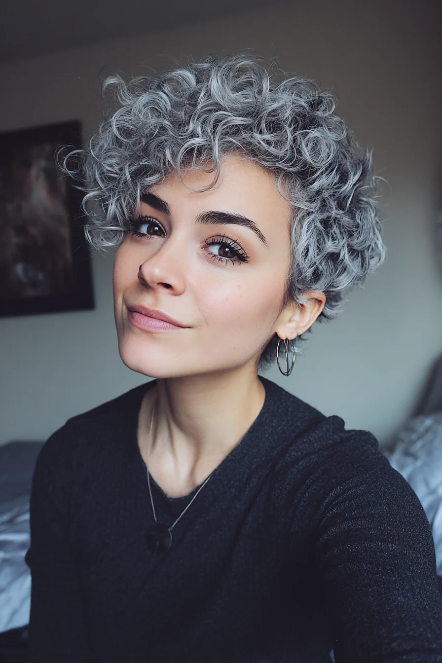 8. Silbrig geschichtete Pixie-Locken (geschichtete lockige Frisuren) – geschichtete lockige Frisuren
