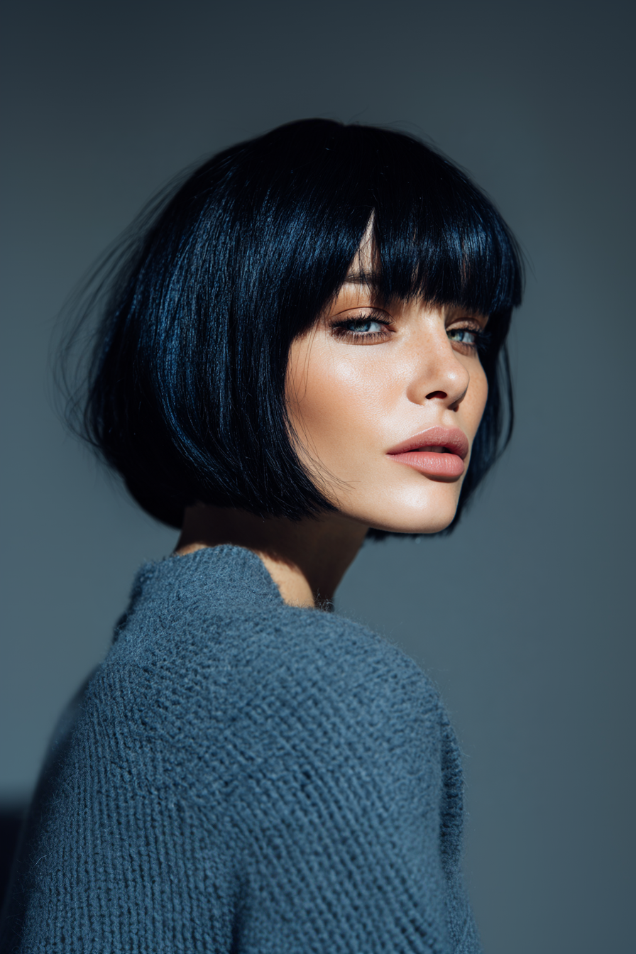 8. Sleek Bob mit Micro Fringe in Mitternachtblau (kurze Bob -Frisuren mit Pony) - kurze Bob -Frisuren mit Pony