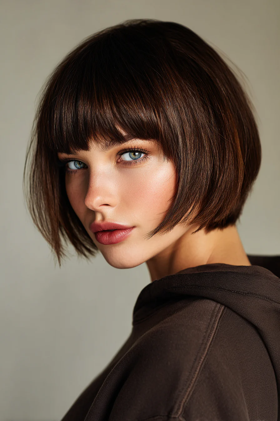 8. Glatter umgekehrter Bob mit schokoladenbraunen Mikrofransen (Bob-Frisuren mit Pony) – Bob-Frisuren mit Pony