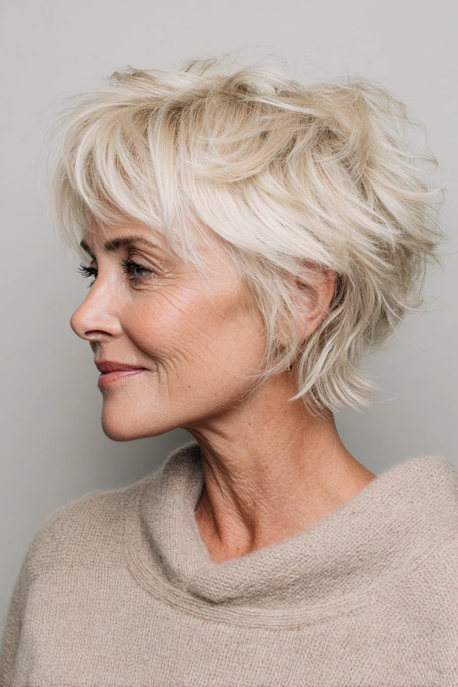 8. Soft Shaggy Pixie in Vanille-Cremeblond (Haarschnitte für Frauen über 60 mit schütterem Haar) – Haarschnitte für Frauen über 60 mit schütterem Haar
