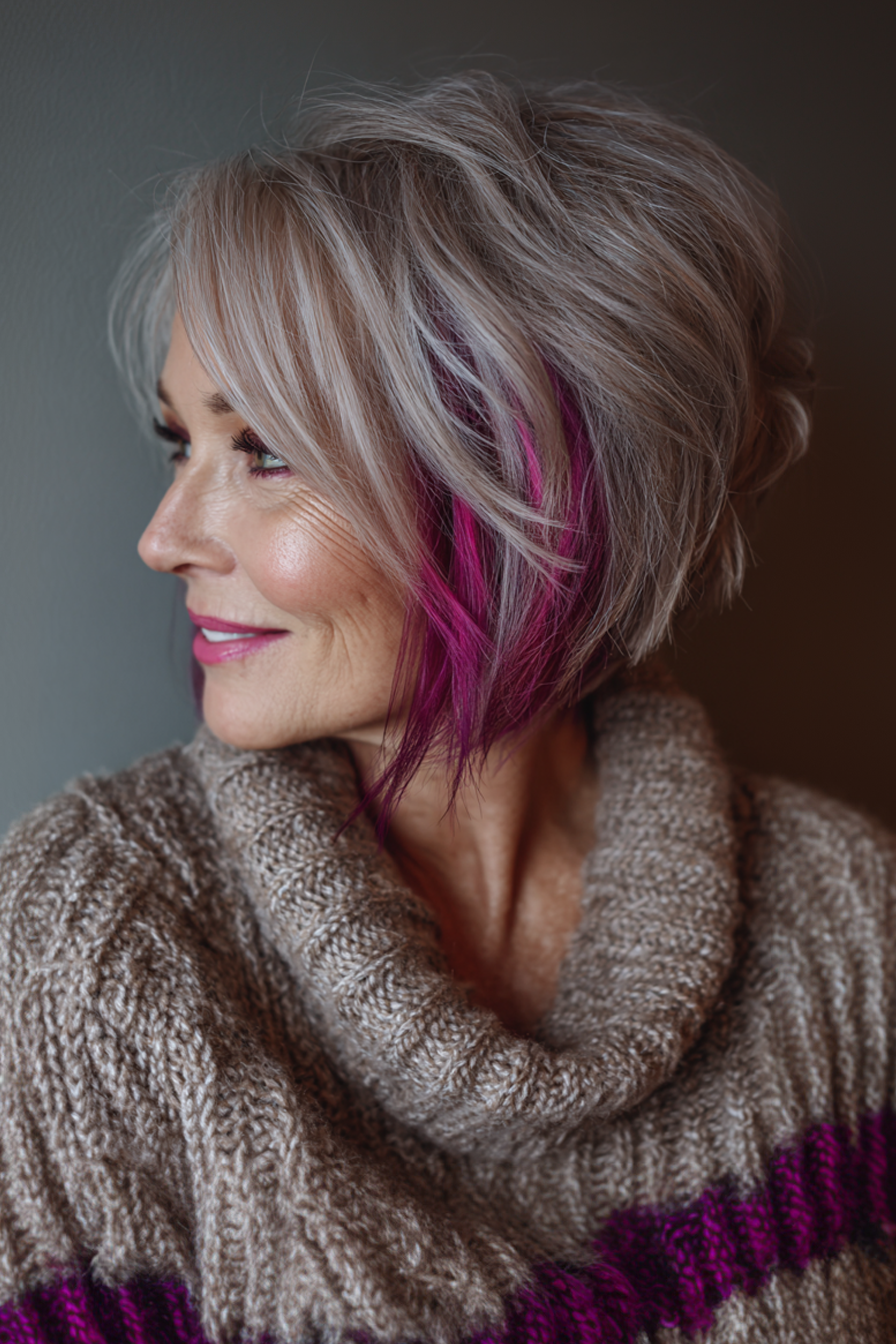 8. Stapelte Bob mit Magenta -Tafeln (funkige Haarschnitte für ältere Frauen) - Funky Haarschnitte für ältere Frauen
