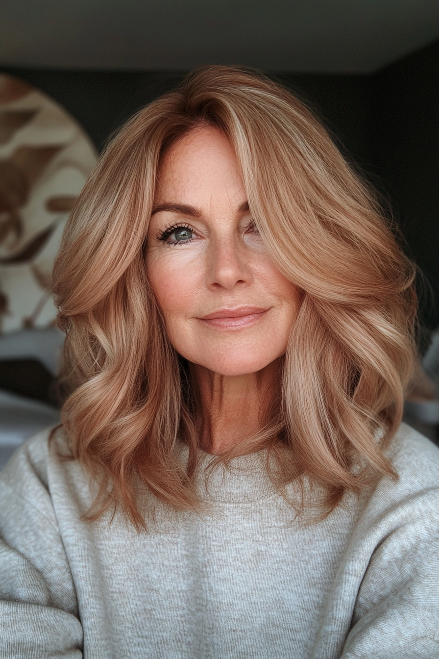 8. Erdbeerblonde geschichtete Lob (mittelgroße Haarschnitte für Frauen über 60) - Haarschnitte mit mittlerer Länge für Frauen über 60