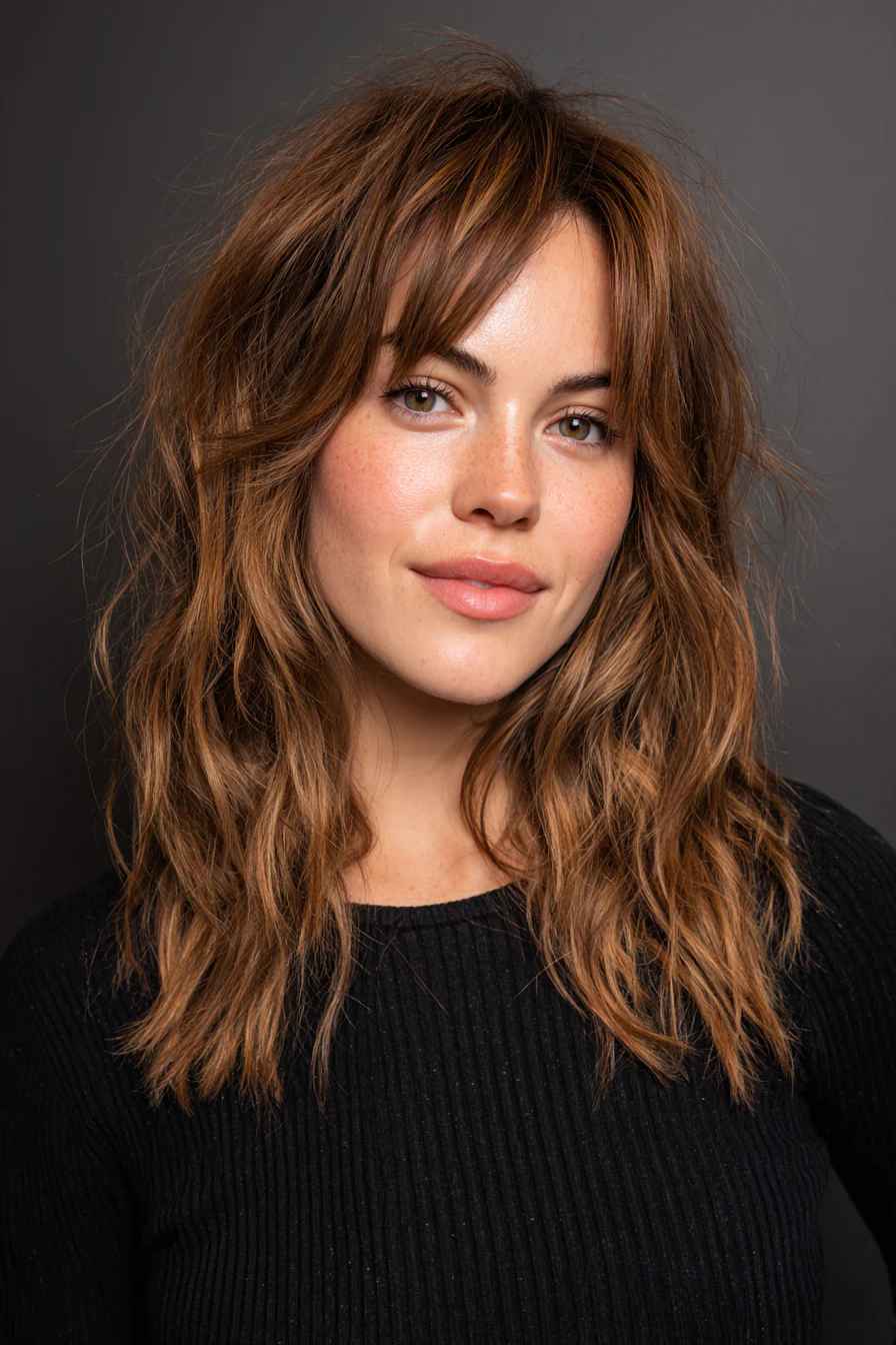 8. Textured Maple Brown Lob (Mittellange geschichtete Haarschnitte) – Mittellange geschichtete Haarschnitte