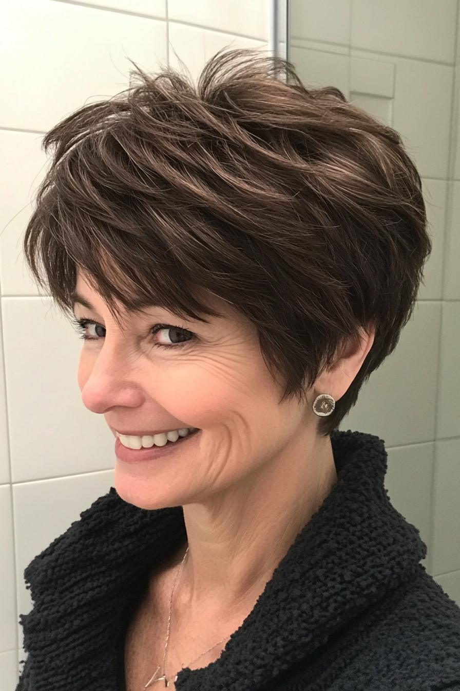 8. Strukturierte Pixie in dunkler Schokolade (coole Haarschnitte für Frauen über 50) - Coole Haarschnitte für Frauen über 50