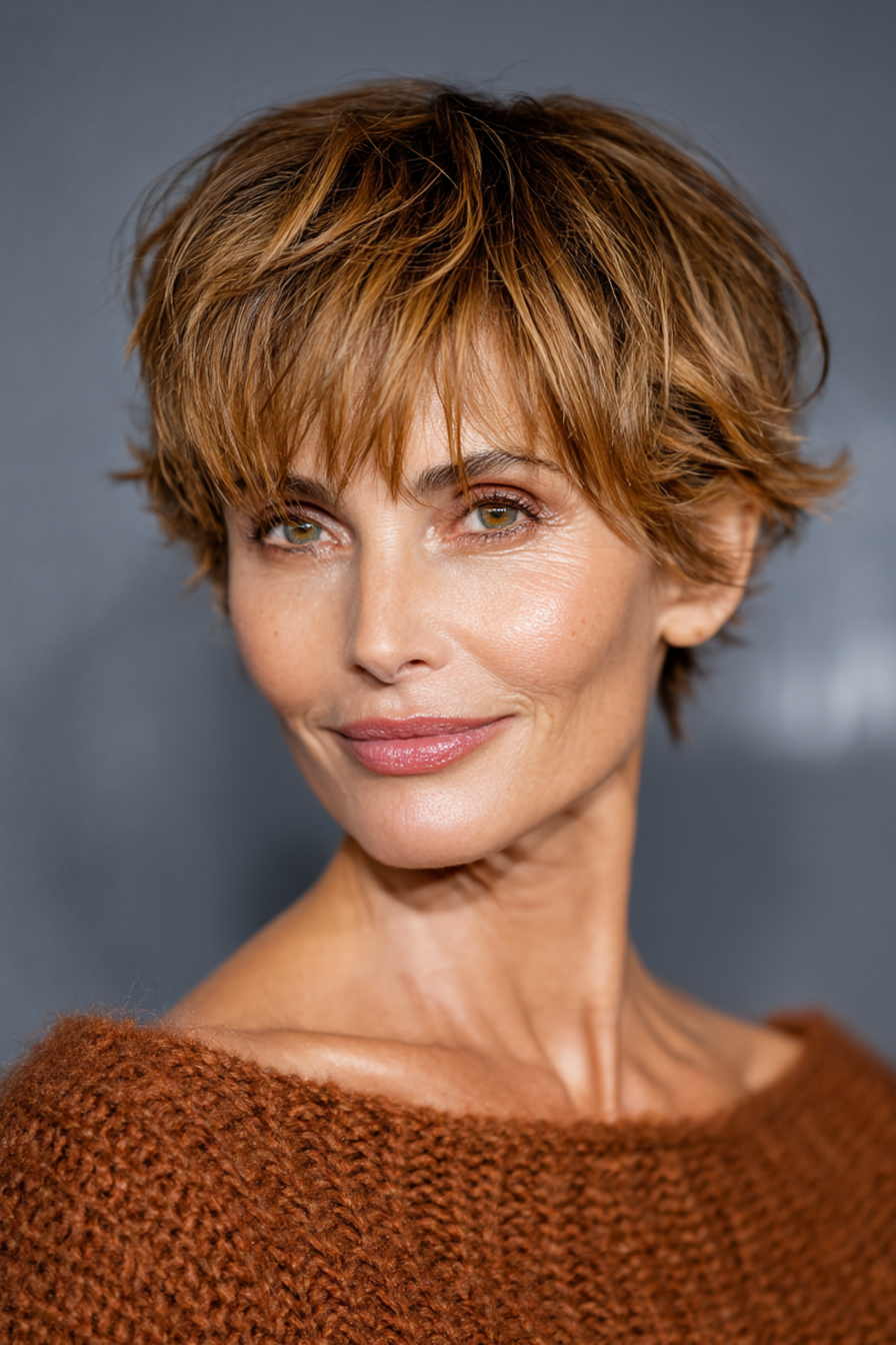 8. Tousled Caramel Pixie mit langem Pony (Stufen-Pixie-Haarschnitte für Frauen über 60) – Stufen-Pixie-Haarschnitte für Frauen über 60