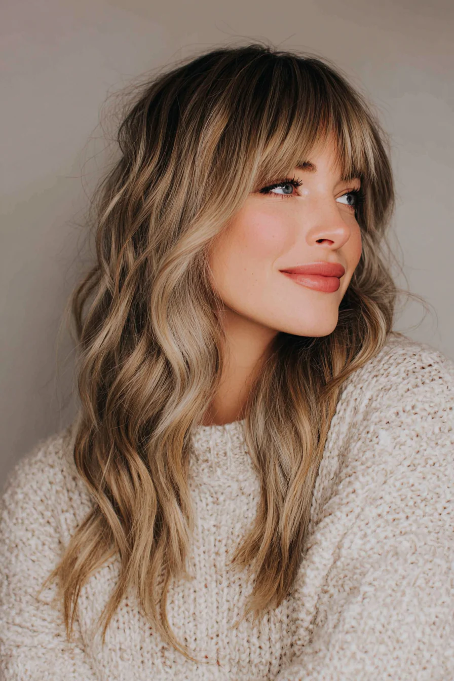 8. Zerzauster Wellenschnitt mit aschblondem Vorhang-Pony mit Wurzeln (Curtain Bangs-Haarschnitte) – Vorhang-Pony-Haarschnitte