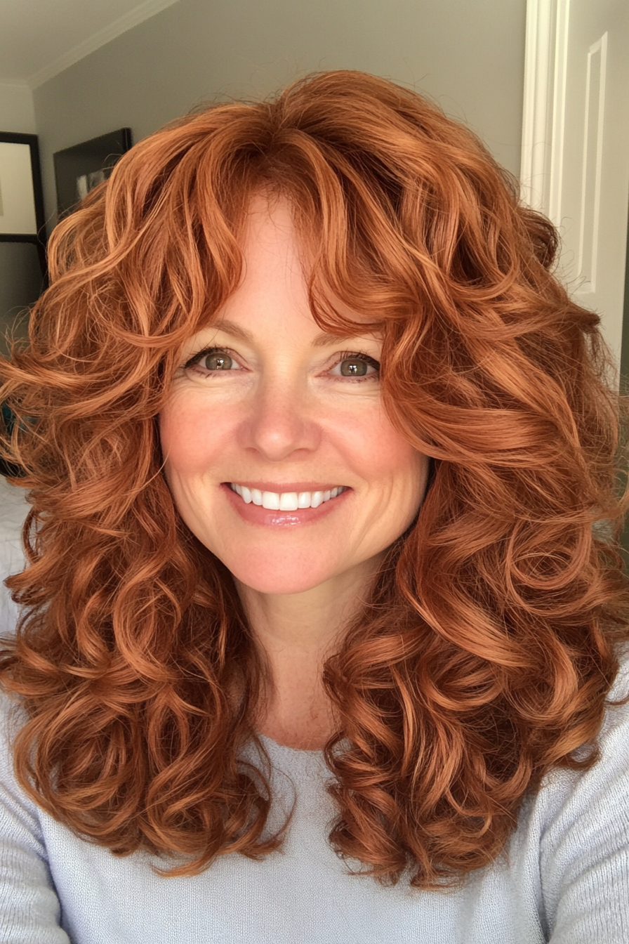 8. Warmer Auburn Voluminous Schnitt (lockige Frisuren für Frauen über 40) - lockige Frisuren für Frauen über 40