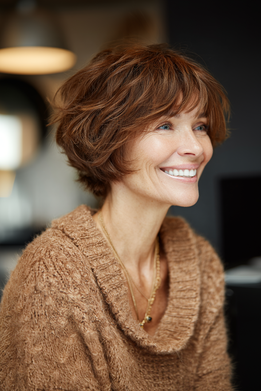 8. warme Kastanienbob (kurze zottelige Frisuren für Frauen über 60) - kurze zottelige Frisuren für Frauen über 60