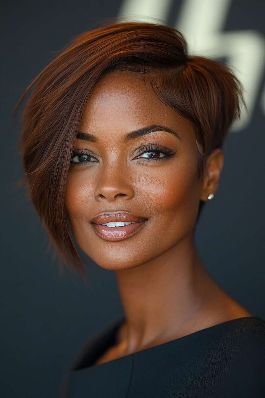 8. Warme Kastaniennuss -Seitenpixie (kurze Frisuren für schwarze Frauen über 60) - kurze Frisuren für schwarze Frauen über 60