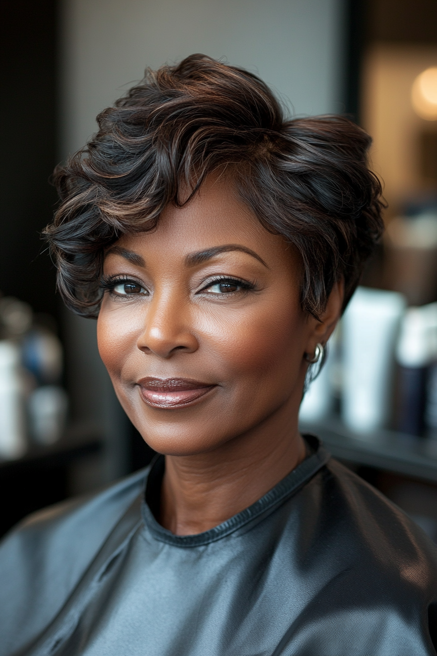 8. Welliger Pixie mit weicher brauner Basis (Pixie-Haarschnitte für schwarze Frauen über 60) – Pixie-Haarschnitte für schwarze Frauen über 60