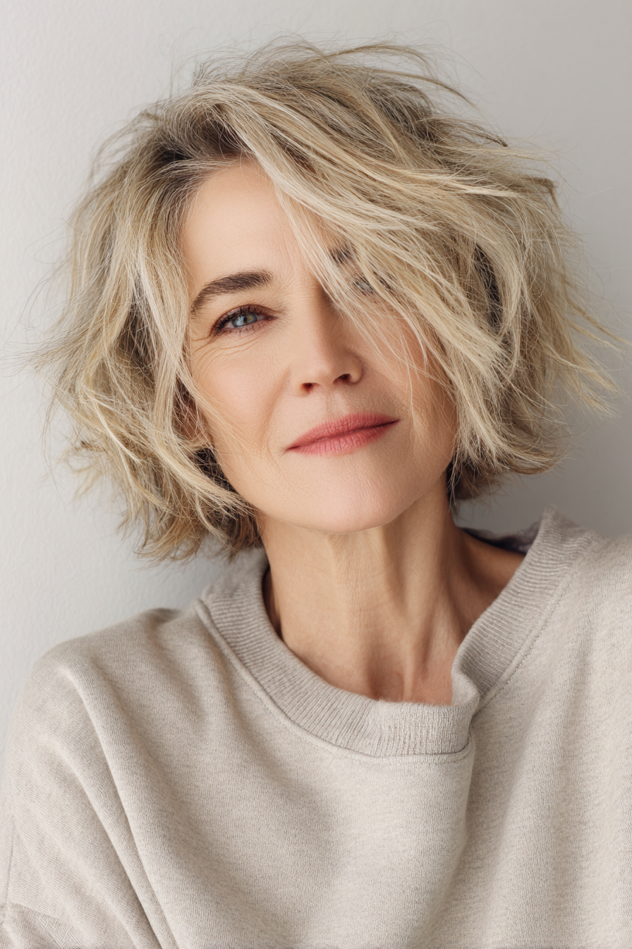 8. Windgepeitschter Bob mit sandblonden Wurzeln (Unordentliche Frisuren für Frauen über 50) – Unordentliche Frisuren für Frauen über 50