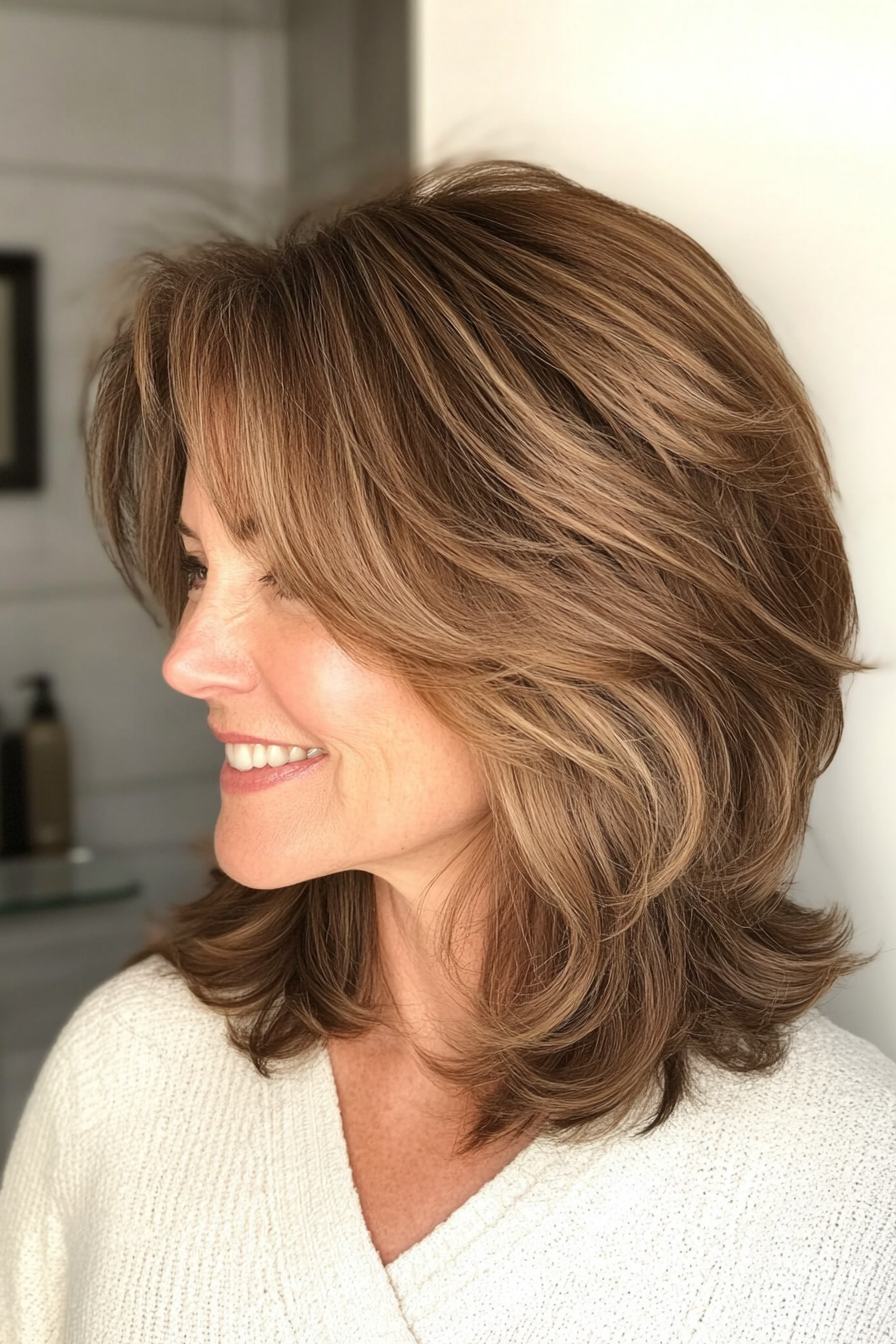 8. Wispy Karamellshag mit Vorhang Pony (zottelige Frisuren für Frauen über 50) - Shaggy Frisuren für Frauen über 50