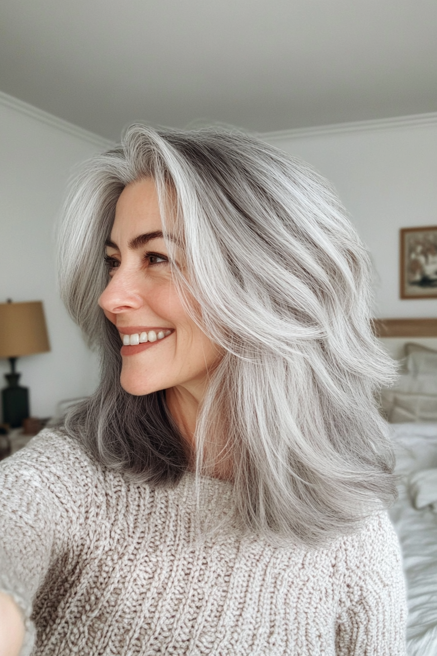 8. Wispy Midi geschnitten in weicher Grau (Hüftfrisuren für Frauen über 50) - Hüftfrisuren für Frauen über 50