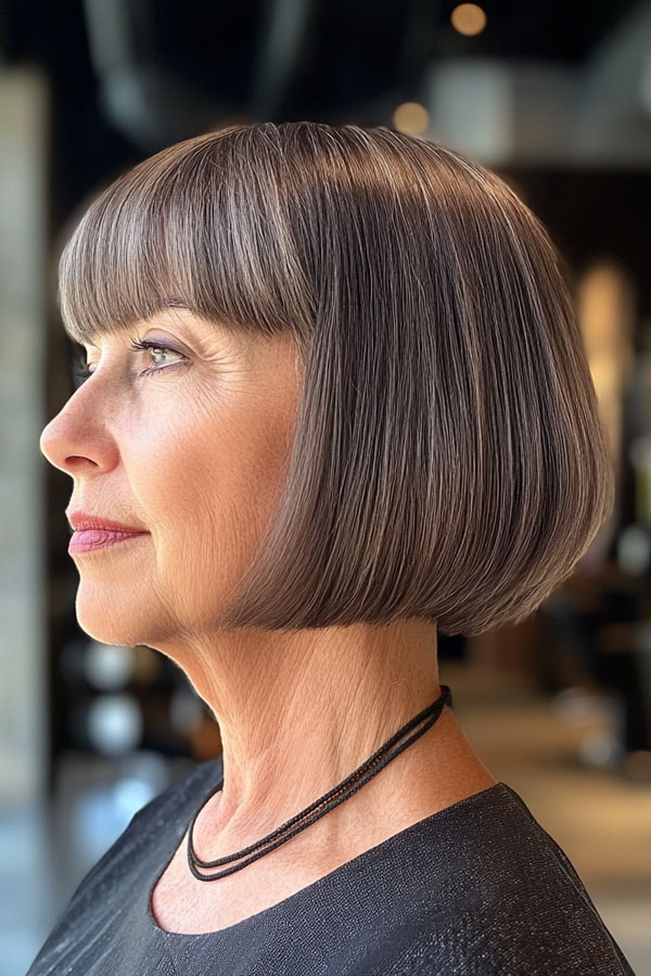 Chic Blunt Bob mit Pony, Bob Haarschnitt für Frauen über 60, Bob Frisur für Frau über 60