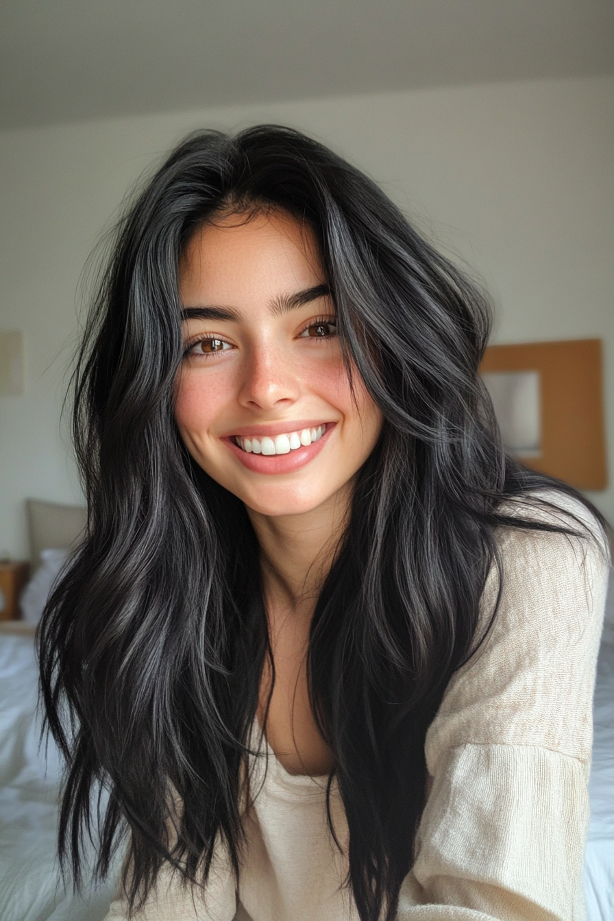 9. luftgetrocknete Schichten in weicher Schwarz (Boho -Haarschnitte) - Boho -Haarschnitte