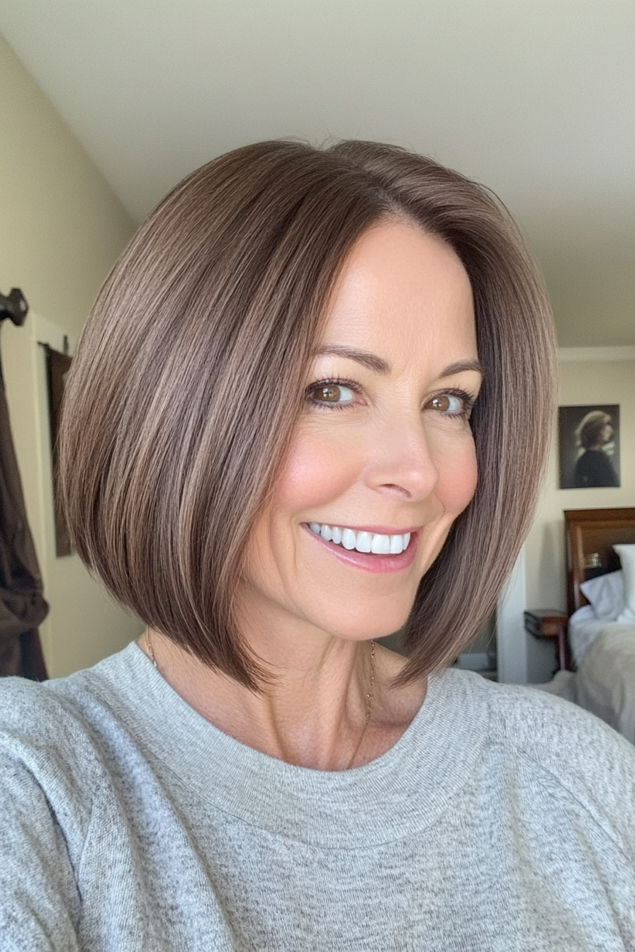 9. Asche braungewinkelte Bob (Frisuren für Frauen über 40 mit feinem Haar) - Frisuren für Frauen über 40 mit feinem Haar