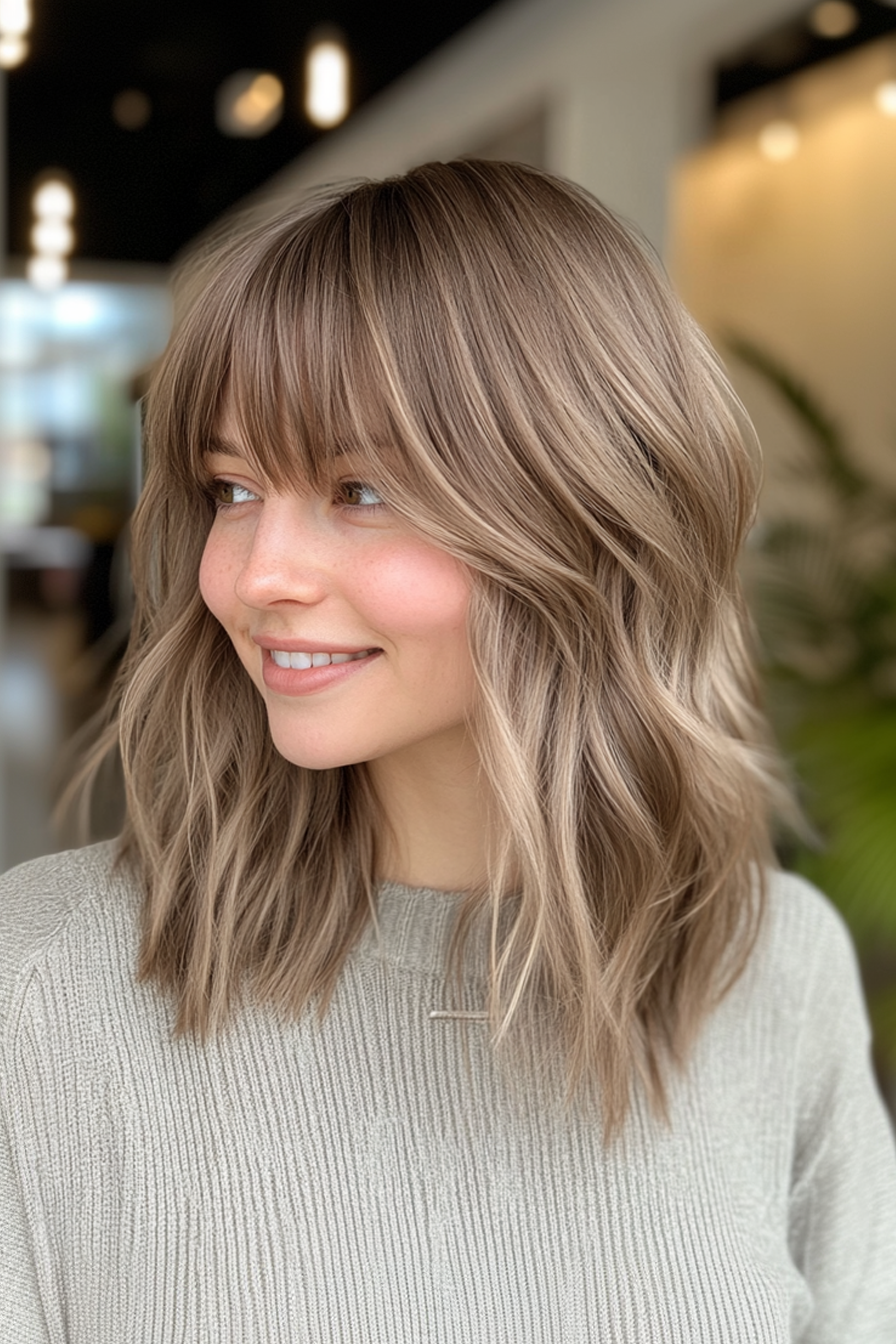 9. Ashy Olive Midi mit wispy Fransen (wellige Haarschnitte mit Vorhang Pony) - wellige Haarschnitte mit Vorhangstücken