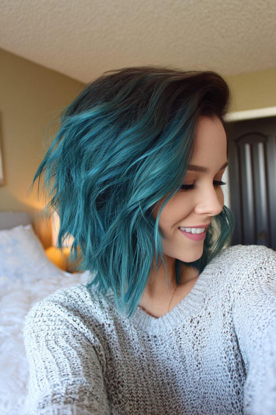 9. Asymmetrisch abgehackte Lob in blaugründlichen Rauch (abgehackte geschichtte Frisuren) - abgehackte geschichtte Frisuren