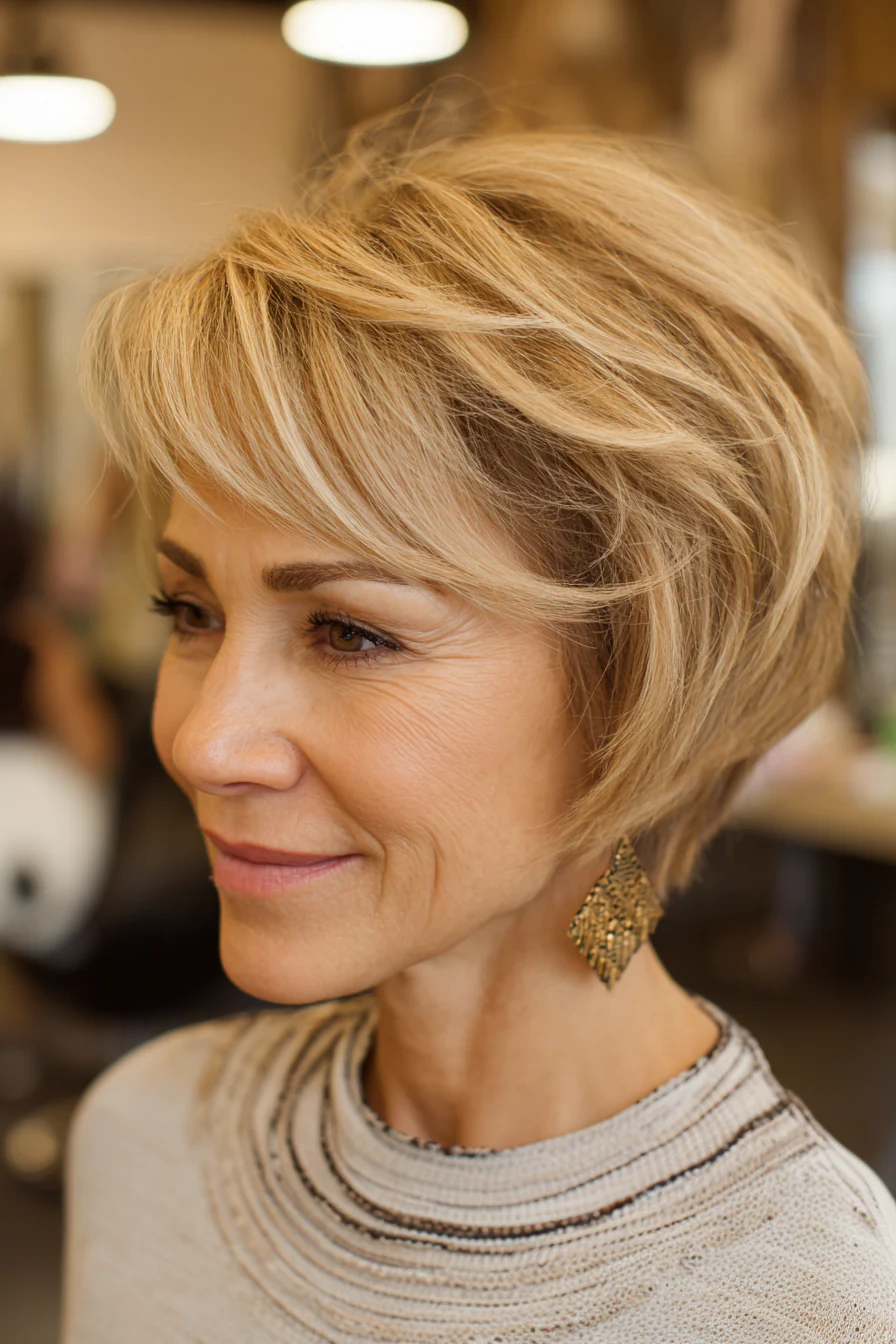 9. Asymmetrischer Pixie-Bob – warmes Blond (kurze Frisuren für ältere Frauen mit dickem Haar) – Kurze Frisuren für ältere Frauen mit dickem Haar