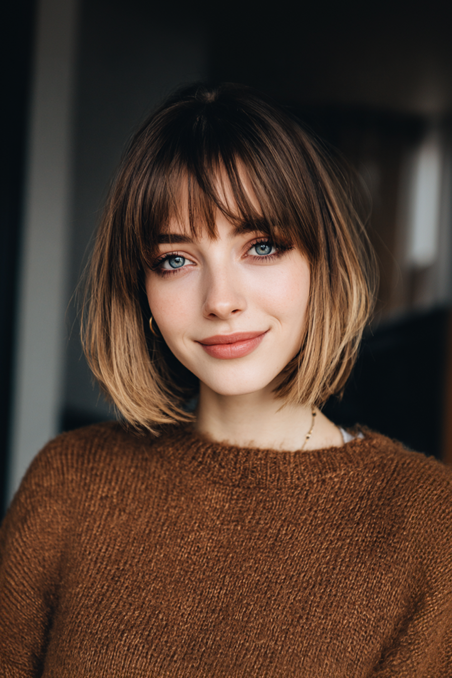 9. Blunt Bob mit Brauenschwerpunkten in Mokka Ombre (kurze Bob -Frisuren mit Pony) - kurze Bob -Frisuren mit Pony