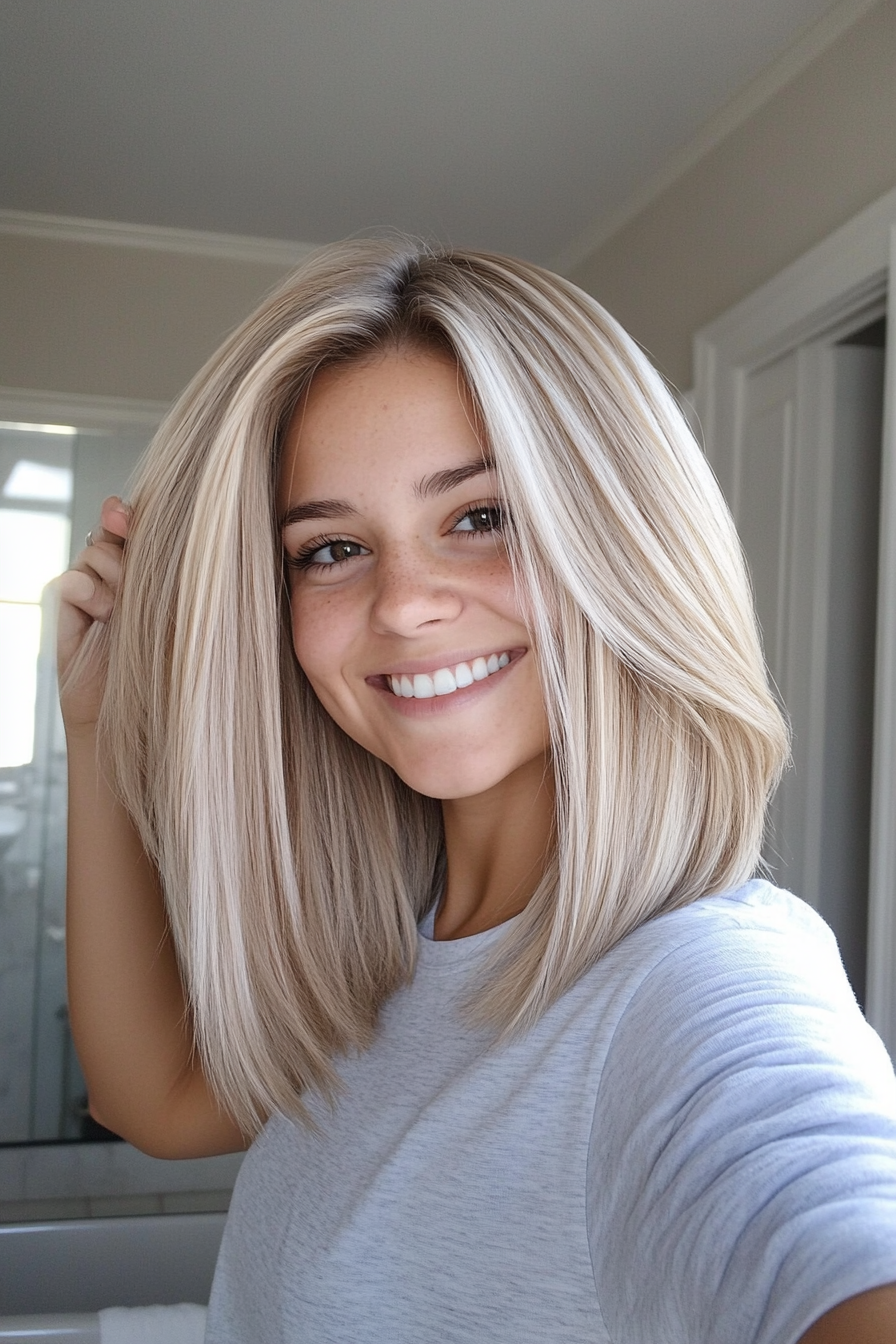 9. Colarbone -Länge sandblonde Bob mit langen Schichten (glatte Haarhaarschnitte) - glattes Haarhaarschnitte