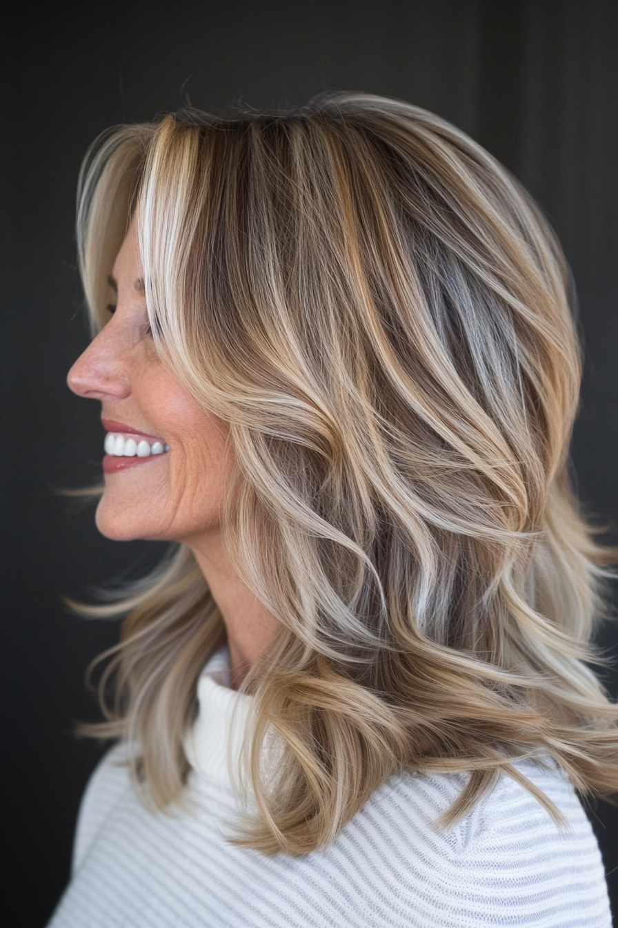 9. Colarbone geschnitten mit dunklen blonden Highlights (Frisuren für Frauen über 50 mit welligen Haaren) - Frisuren für Frauen über 50 mit welligen Haaren