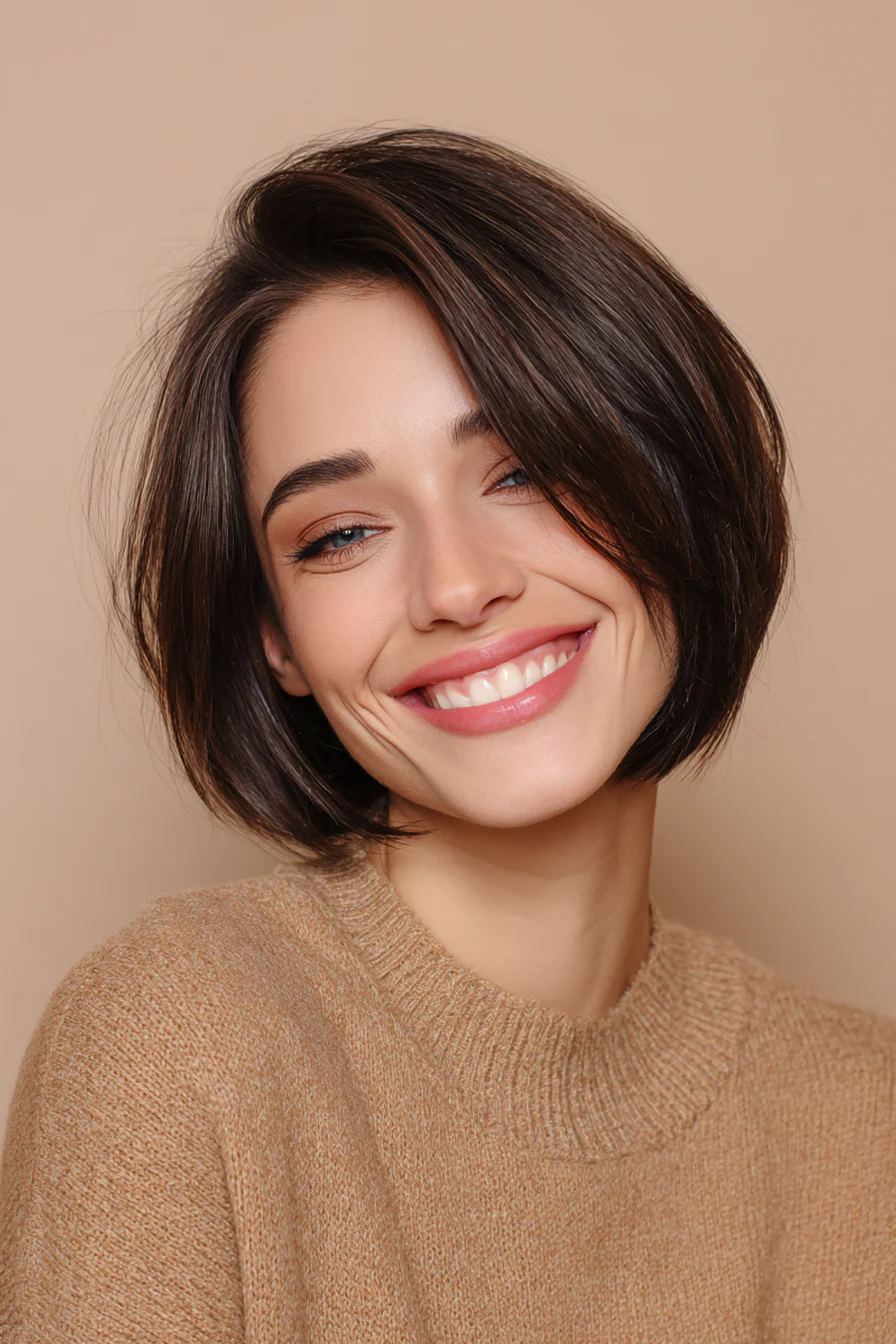 9. Kurzer, gebogener Bob in kühlem Mokka (Kurzhaarschnitte für Frauen über 40 mit feinem Haar) – Kurzhaarschnitte für Frauen über 40 mit feinem Haar