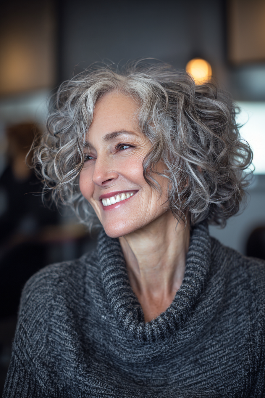 9. lockiger Kinnlänge Bob im silbernen Frost (Kinnlängenhaarschnitte für ältere Frauen) - Haarschnitte für ältere Frauen