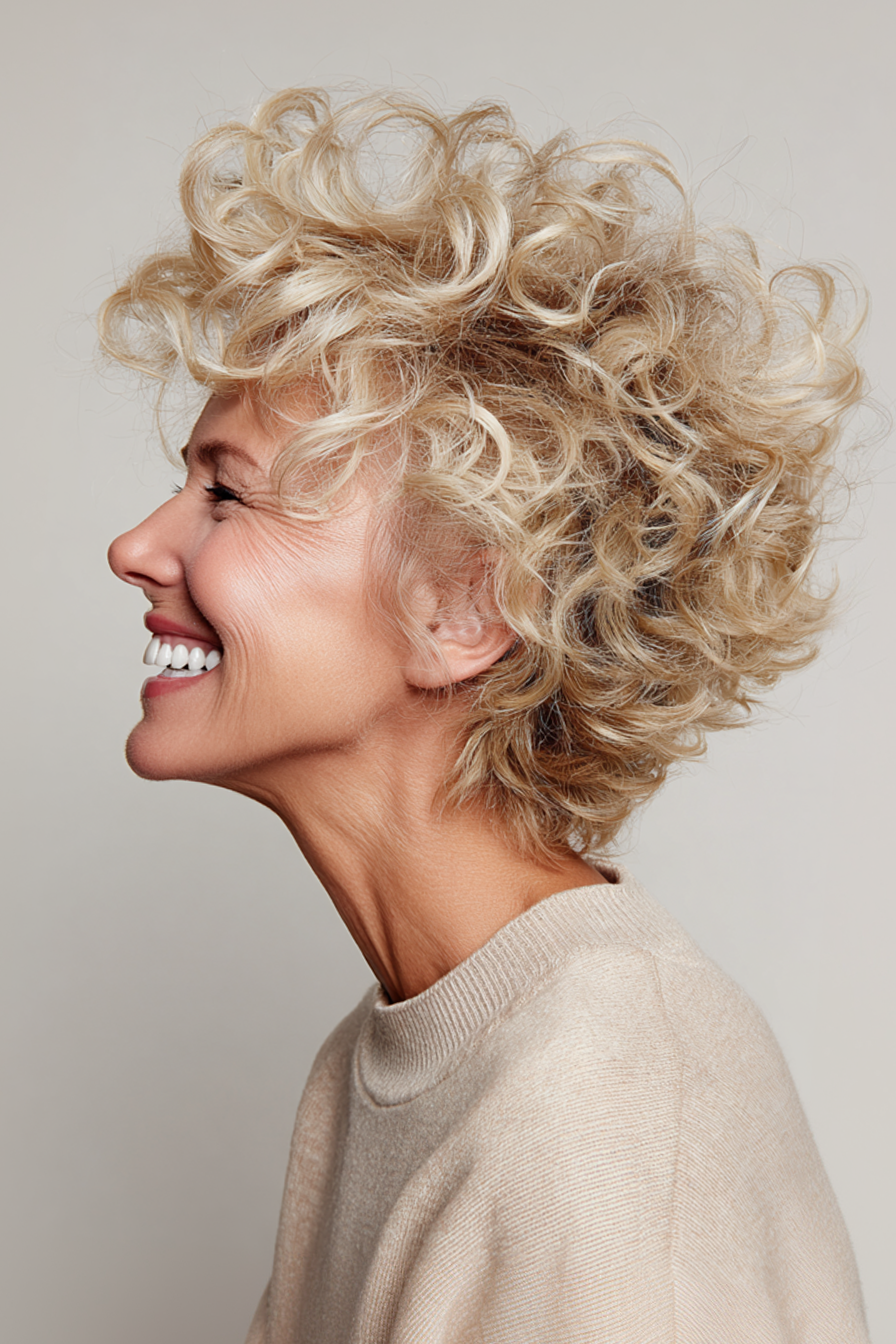9. Curly Crop mit Champagnerblond (Sommerfrisuren für Frauen über 50) - Sommerfrisuren für Frauen über 50