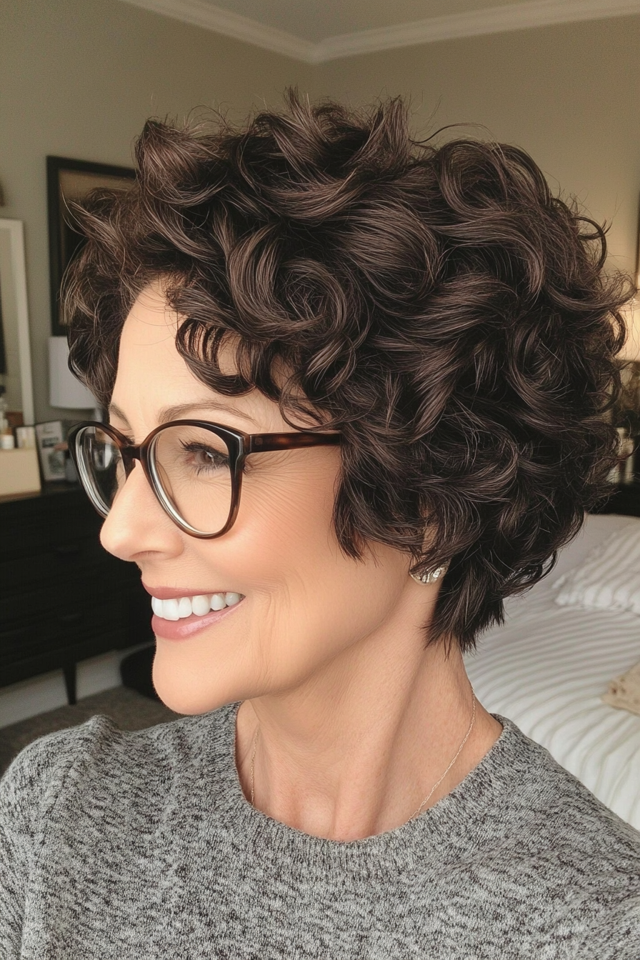 9. Curly Dark Brown Pixie (Pixie -Haarschnitte für Frauen über 50 mit Brille) - Pixie -Haarschnitte für Frauen über 50 mit Brille