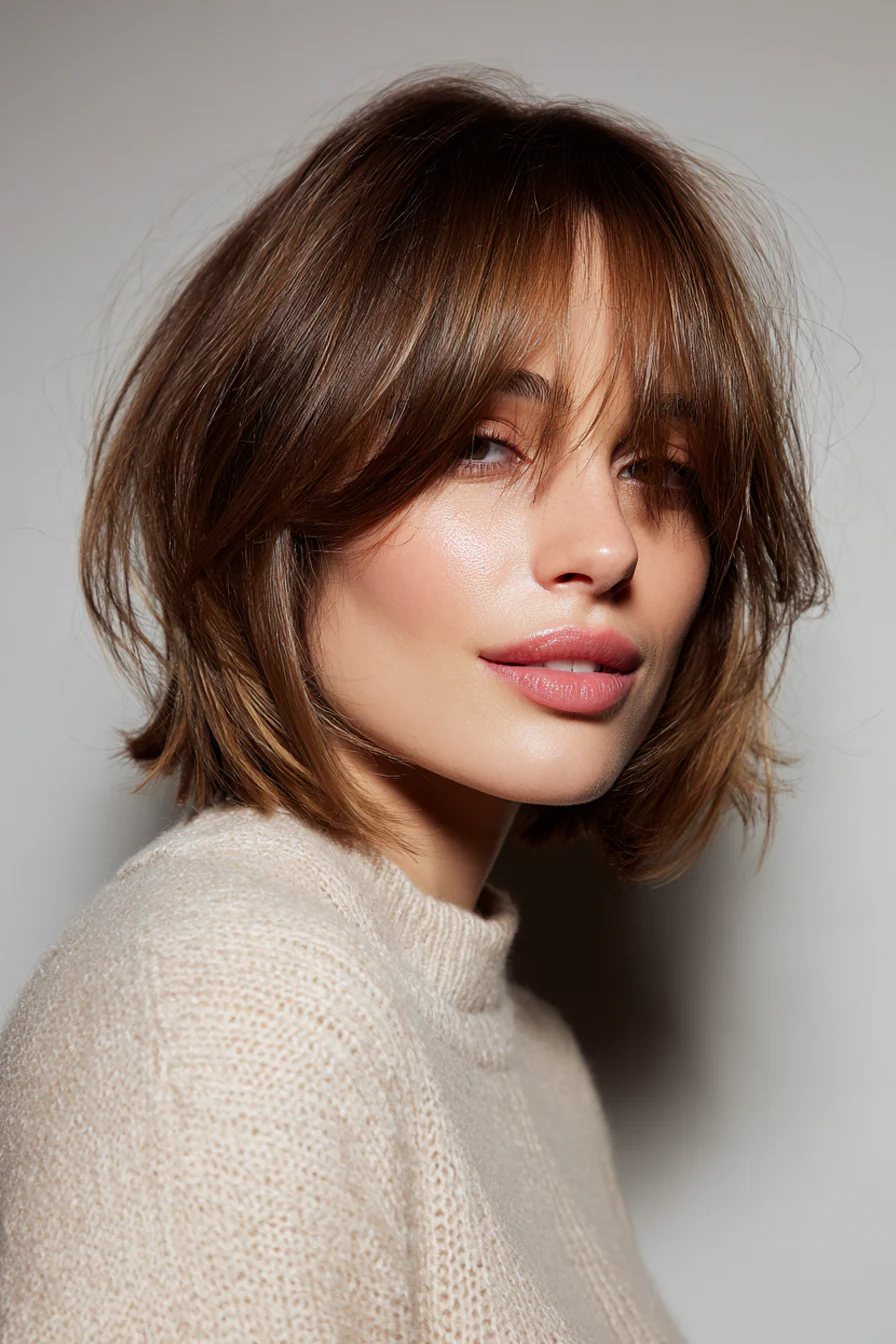 9. Curtain Bangs Shoulder Bob + Goldbraune Highlights (Schulterlange Bob-Frisuren) – Schulterlange Bob-Frisuren