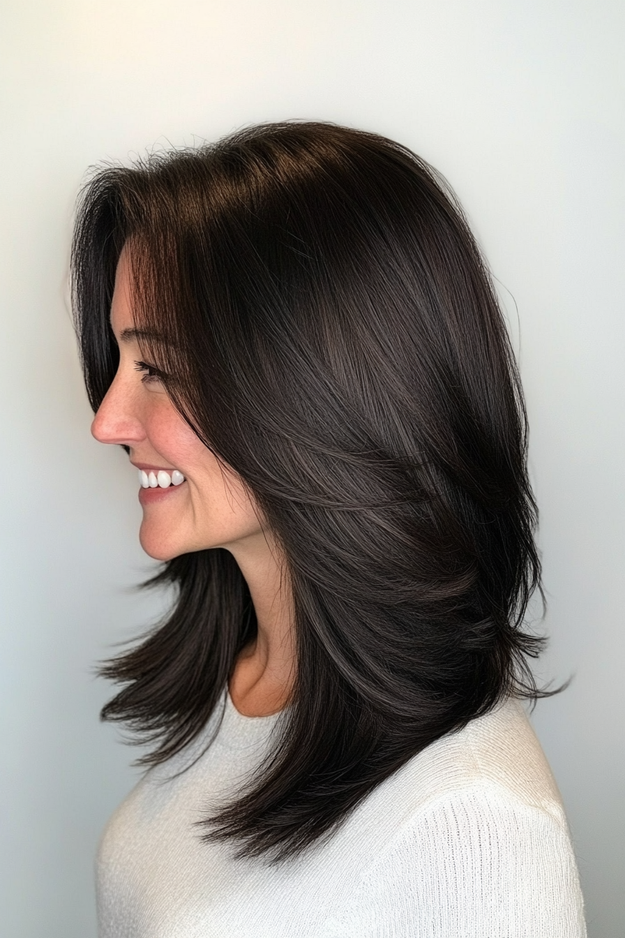 9. Dark Espresso Long Bob mit Schichten (längere Frisuren für ältere Frauen) - längere Frisuren für ältere Frauen