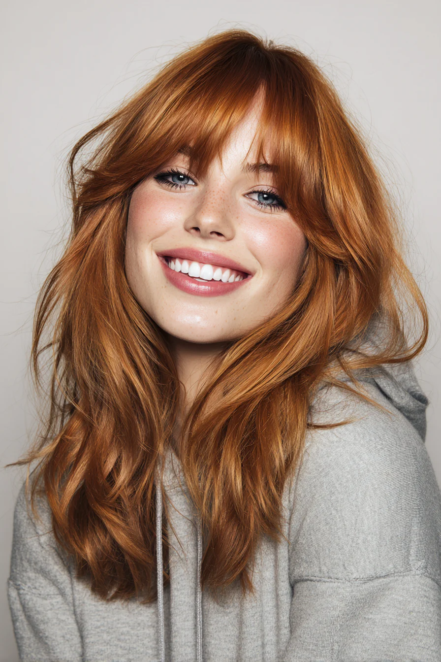 9. Gesichtsrahmende Schichten + Swoopy Bangs (Golden Copper) (Mittellange Frisuren mit Pony) – Mittellange Frisuren mit Pony