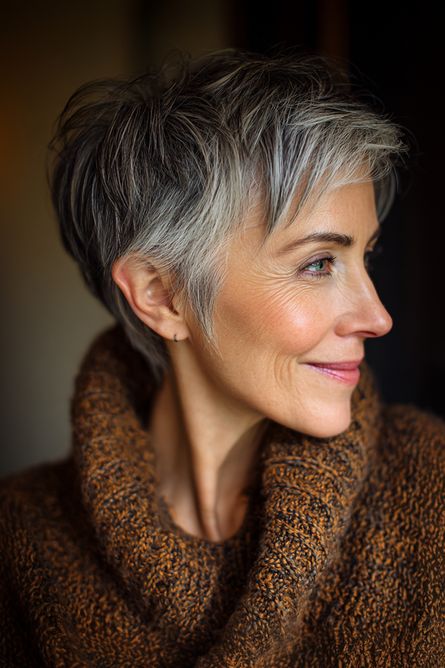 9. Gesichtsumrahmender Pixie-Lob-Hybrid – rauchige Taupe-Highlights (mittellange Haarschnitte für Frauen über 50 mit feinem Haar) – Mittellange Haarschnitte für Frauen über 50 mit feinem Haar