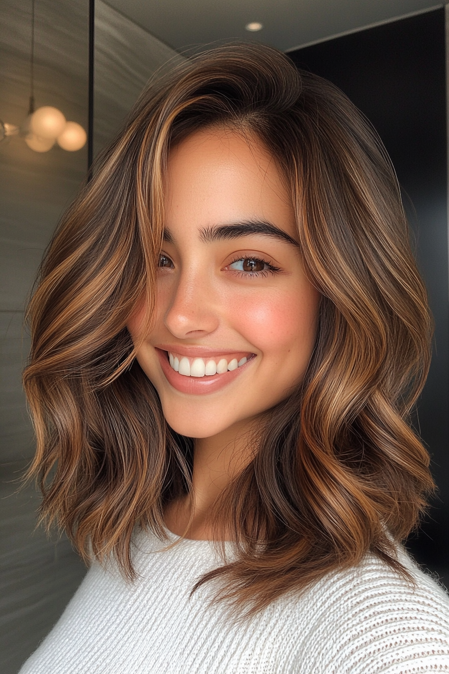 9. Gesichtswellen mit Karamellbraun (mittelgroße Haarschnitte für krauses Haar) - mittelgroße Haarschnitte für krauses Haar