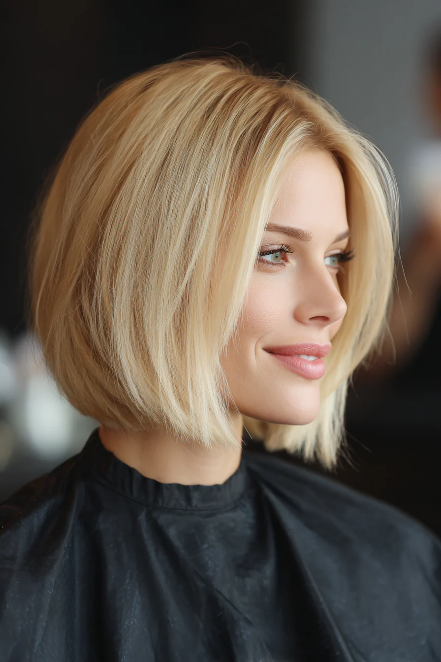 9. Goldblonder, stumpfer Bob mit versteckten Stufen (Stufenfrisuren für dünnes Haar) – Stufenfrisuren für dünnes Haar