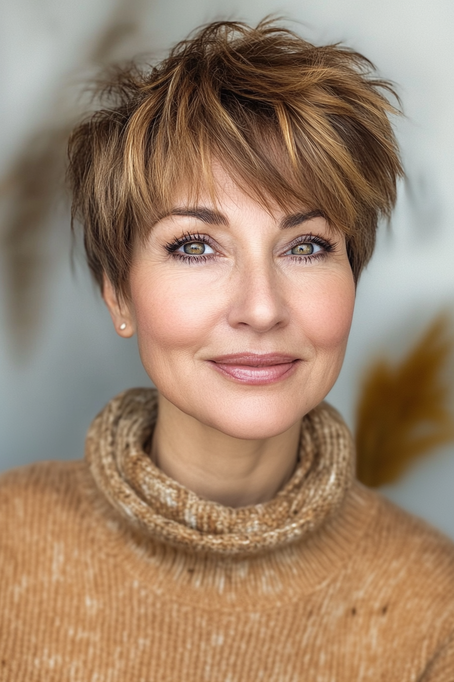 9. Golden Brown Shaggy Pixie (geschichtete kurze Haarschnitte für Frauen über 40) - Schicht kurze Haarschnitte für Frauen über 40 überlagert
