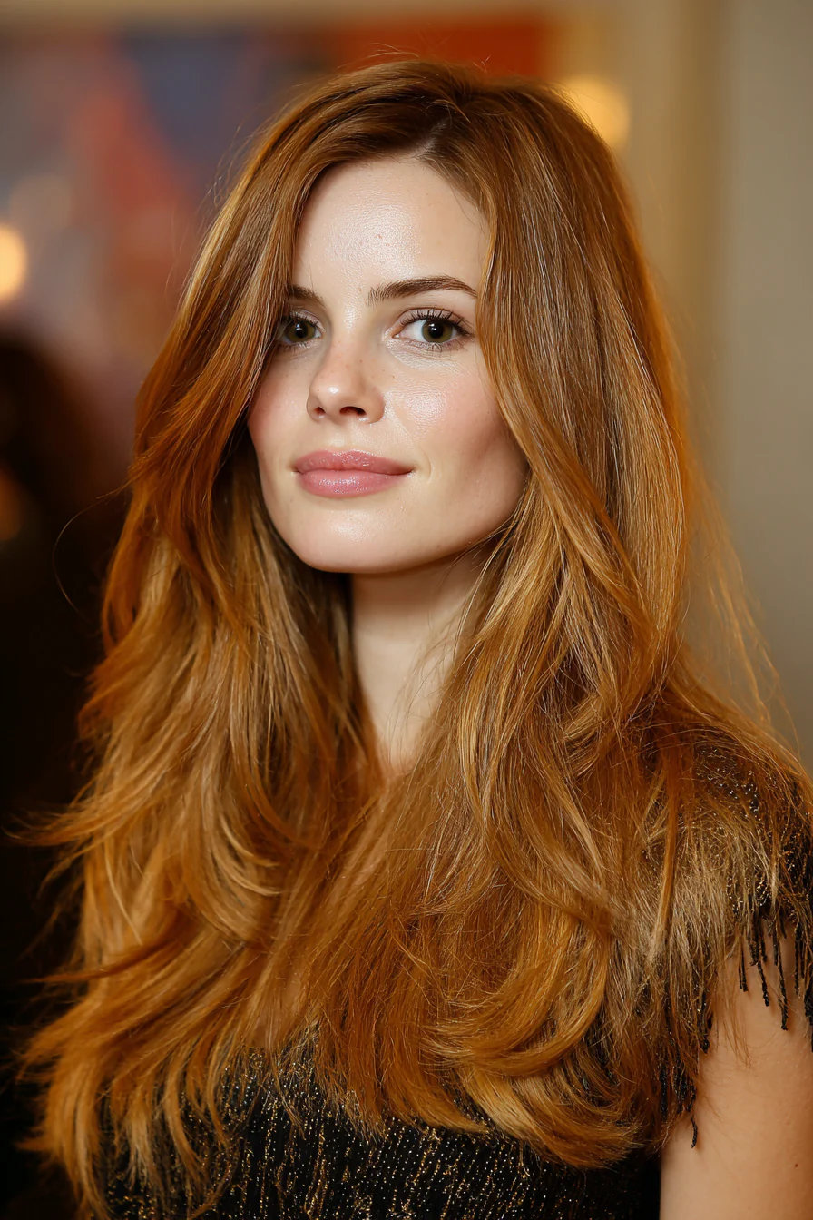 9. Golden Copper Flowy Layered Cut (Haarschnitte für langes Haar) – Haarschnitte für langes Haar