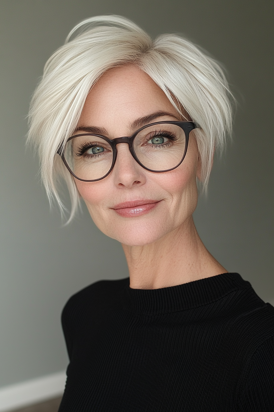 9. Icy Blonde Edgy Pixie Cut (Pixie-Haarschnitte für Frauen über 60 mit Brille) – Pixie-Haarschnitte für Frauen über 60 mit Brille