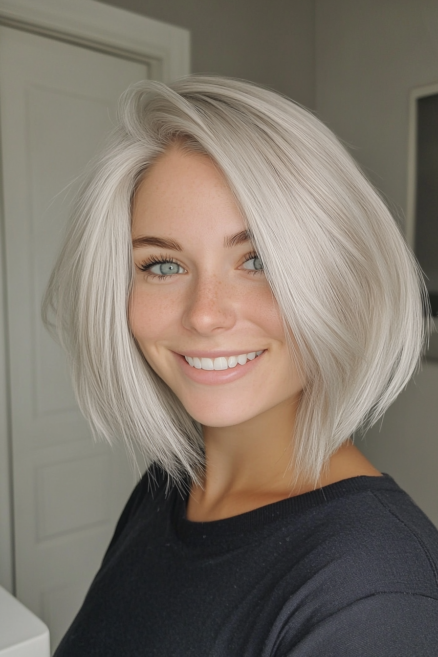 9. eisiger blonde geschichtete Bob (Haarschnitte für Frauen über 50 mit grauem Haar) - Haarschnitte für Frauen über 50 mit grauen Haaren