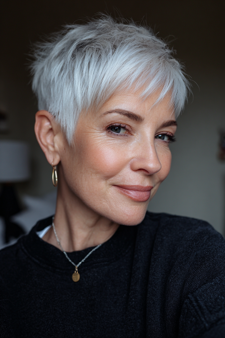9. Icy White Layered Pixie (Layered Pixie-Haarschnitte für Frauen über 60) – Layered Pixie-Haarschnitte für Frauen über 60