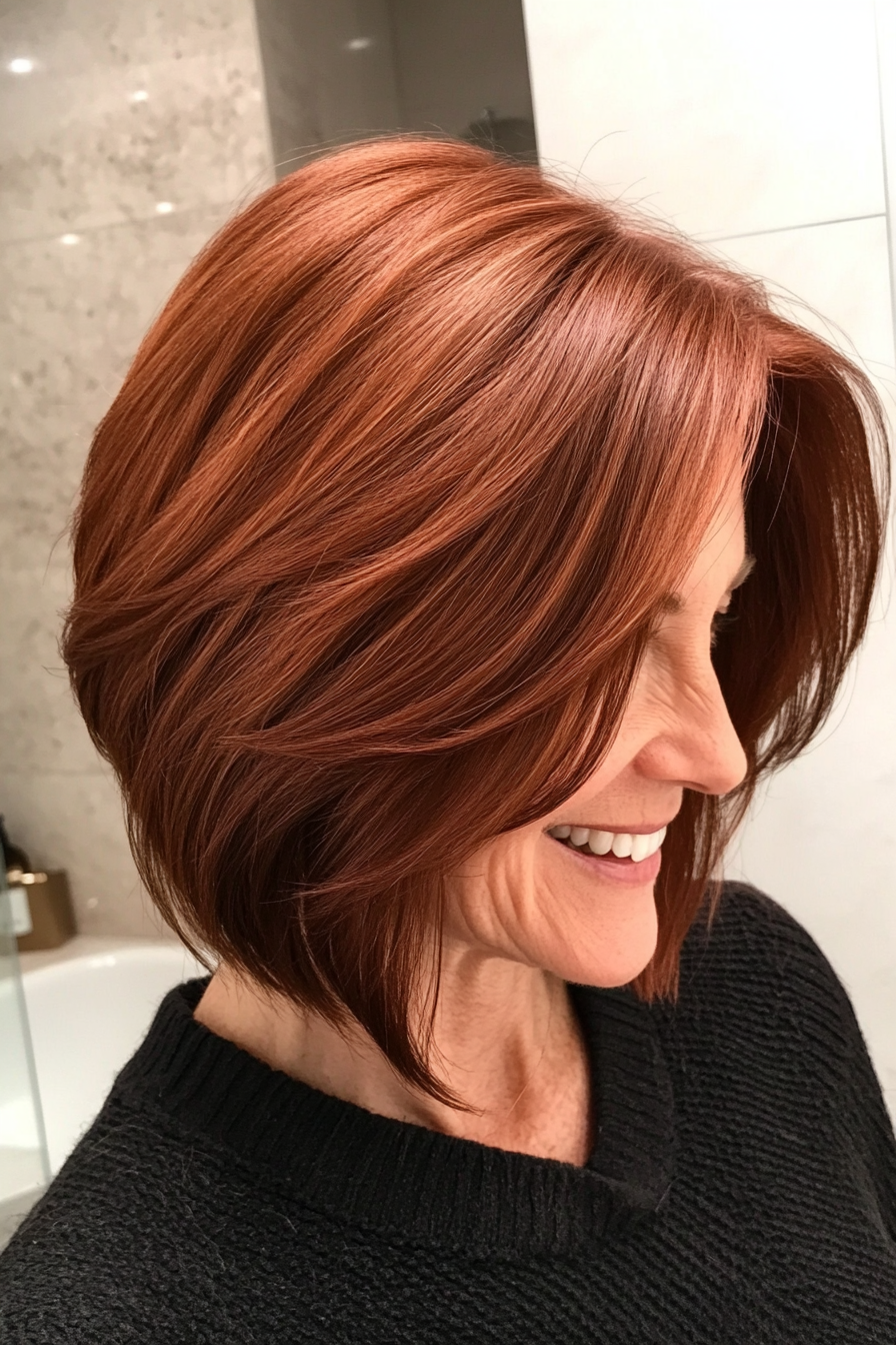 9. Layered Auburn Bob mit Seitenteil (neue Frisuren für Frauen über 50) - neue Frisuren für Frauen über 50