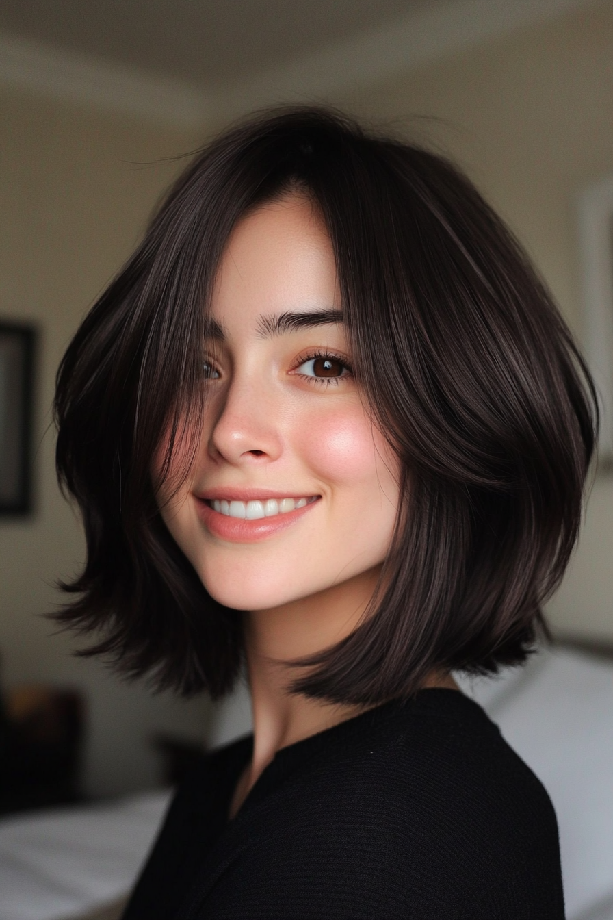 9. Layered Bob mit Vorhangbon in dunkle Schokolade (Bob -Haarschnitte für Frauen) - Bob -Haarschnitte für Frauen