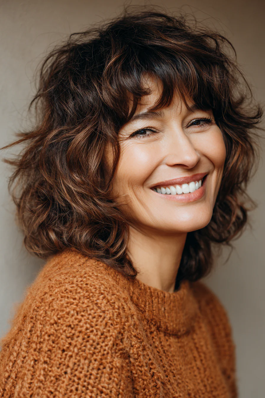 9. Geschichteter Zimt-Shag mit Gesichtsumrandung (kurze, zottige Frisuren für ältere Frauen) – Kurze, zottige Frisuren für ältere Frauen