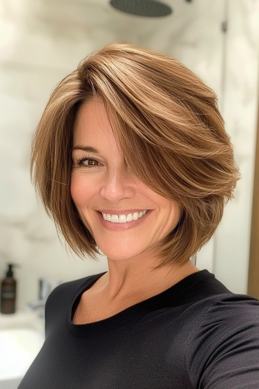 9. Layered Lob in warmen Honigbraun (schicke kurze Frisuren für Frauen über 40) - schicke kurze Frisuren für Frauen über 40
