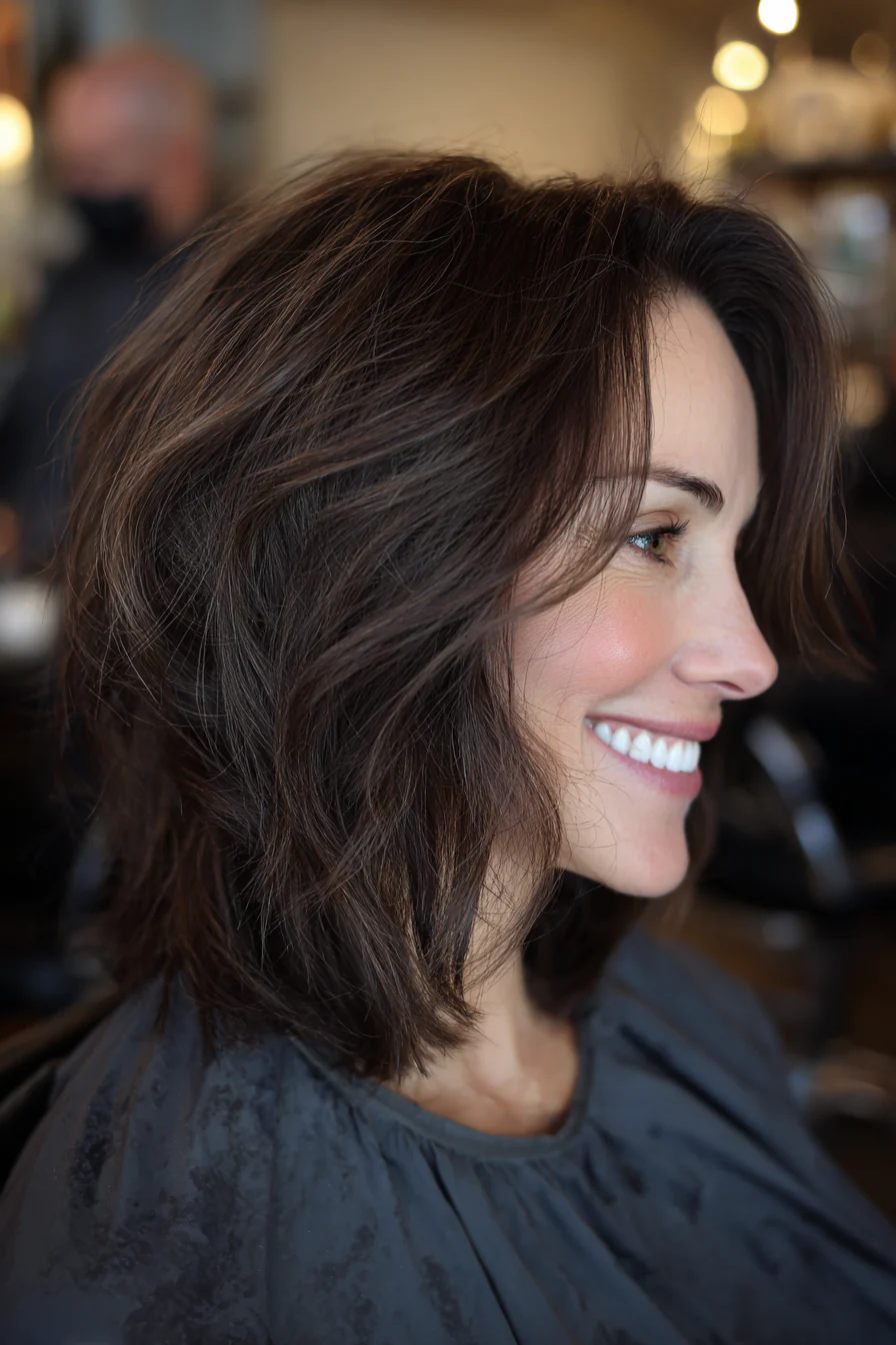 9. Stufenhaarschnitt mit natürlichem Dunkelbraun (Schulterlange Stufenhaarschnitte für Frauen über 50) – Schulterlange Stufenhaarschnitte für Frauen über 50 