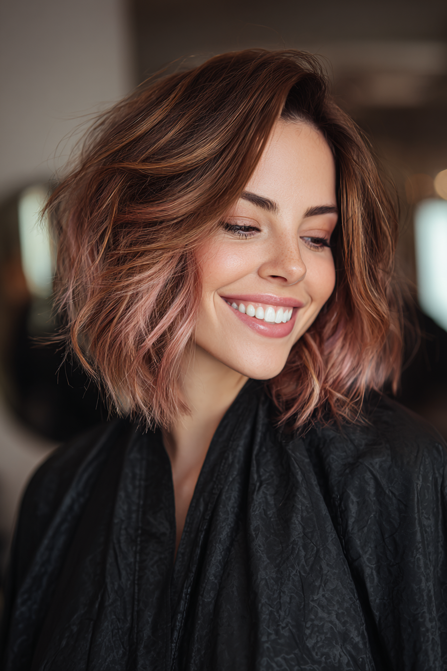 9. Layered Lob mit Roségoldstreifen (kantige Frisuren für Frauen über 40) - kantige Frisuren für Frauen über 40