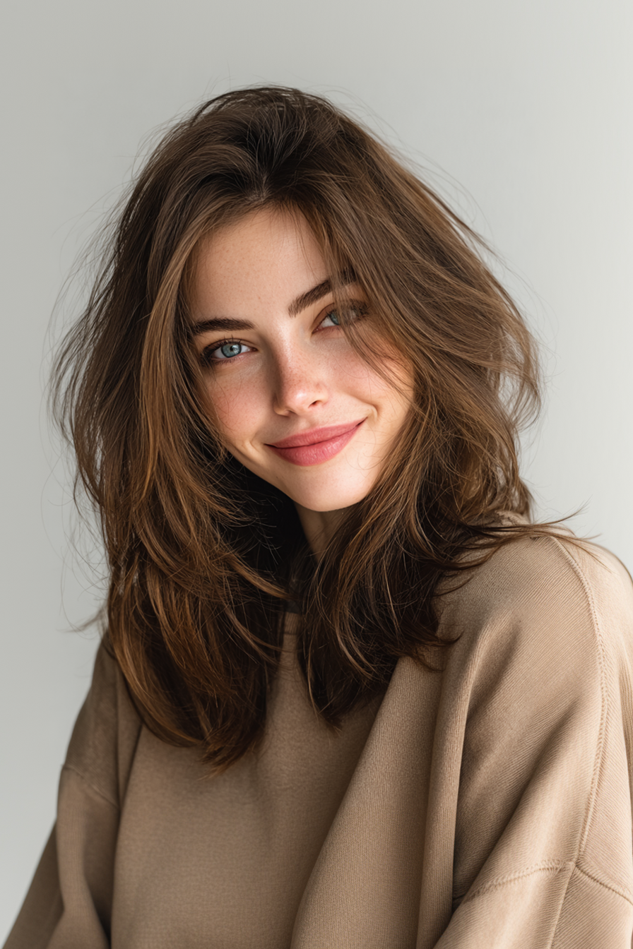 9. geschichtetes Haar mit mittlerer Länge mit rauchiger Brünette (mittelgroße Haarschnitte für feines Haar) - mittelgroße Haarschnitte für feines Haar